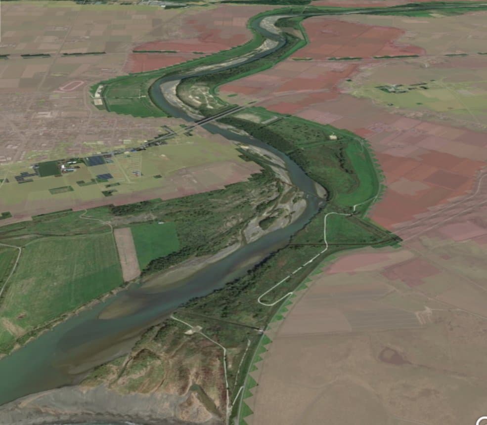 想定浸水深を色分けして 3D 地図に重ねた画面