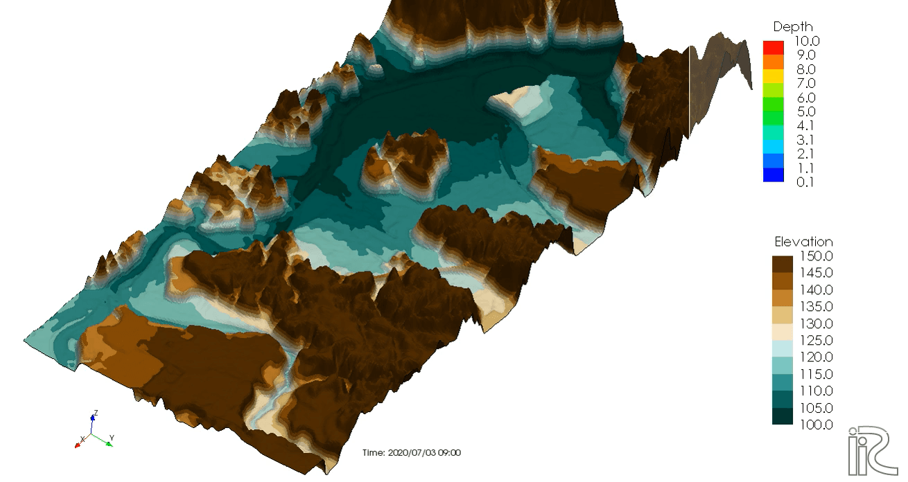 iRIC v4 の 3D 鳥瞰表示(氾濫計算の水深と地形)