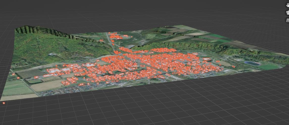 地形の上に建物を配置した 3D モデル