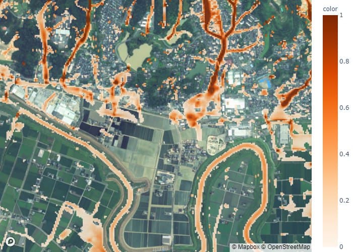 Flow velocity of pluvial flooding over a satellite image